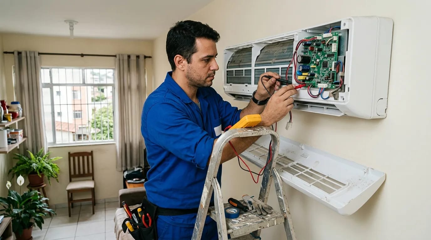 Eletricista ligando a placa do ar-condicionado split em Goiânia‑GO